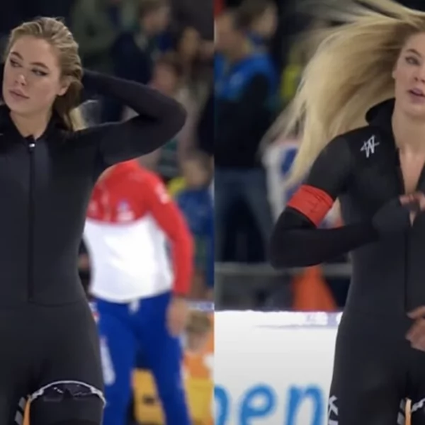 Oeps: Jutta Leerdam ritst schaatspak n&eacute;t iets te ver open na schaatswedstrijd!