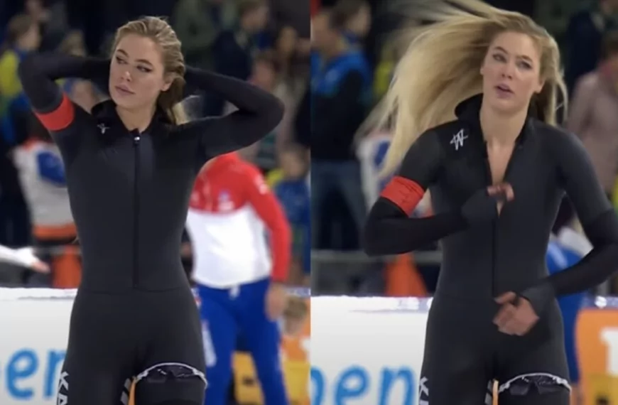 Oeps: Jutta Leerdam ritst schaatspak n&eacute;t iets te ver open na schaatswedstrijd!
