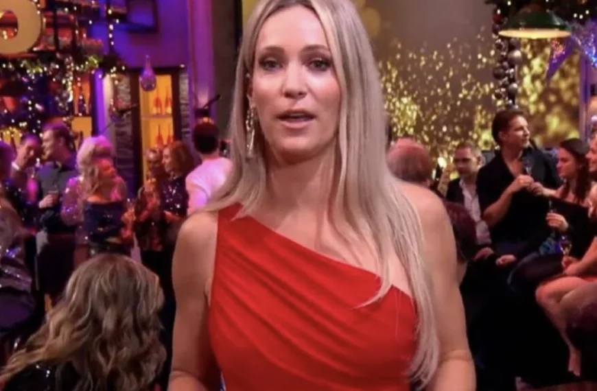 De jurk van H&eacute;l&egrave;ne Hendriks gaf nogal wat prijs tijdens H&eacute;l&egrave;ne&rsquo;s Oudejaarsborrel: &lsquo;Zo ordinair!&rsquo;