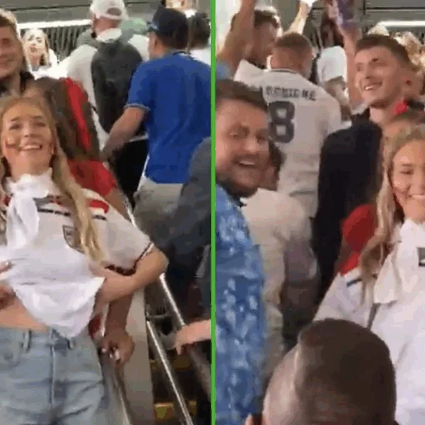 Engelse voetbalfan gaat viral nadat ze haar pluspunten zonder BH tevoorschijn tovert voor supporters