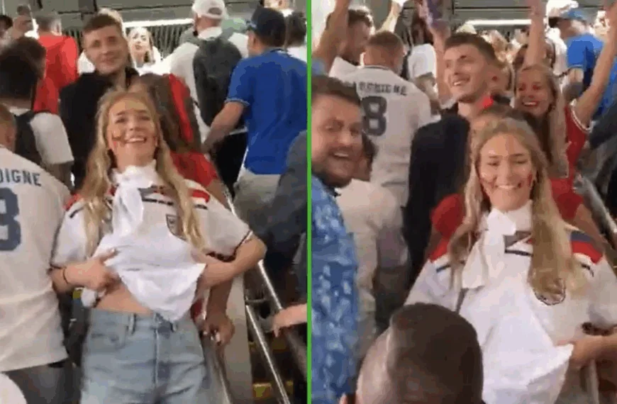 Engelse voetbalfan gaat viral nadat ze haar pluspunten zonder BH tevoorschijn tovert voor supporters
