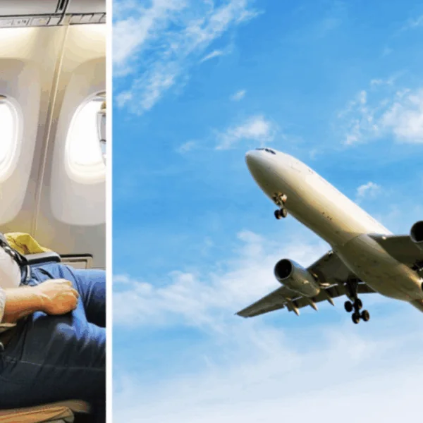 Niet zo gezellige passagier zet zijn stoel helemaal achteruit in het vliegtuig