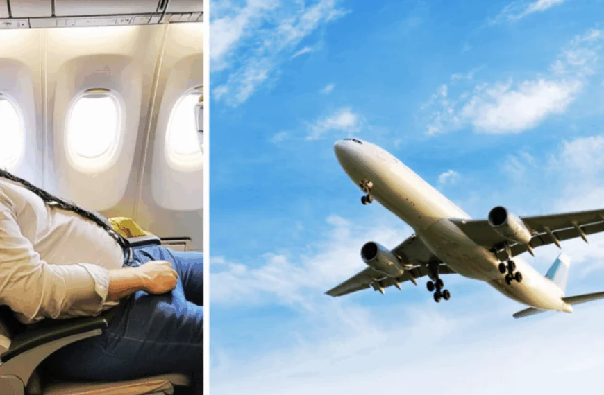 Niet zo gezellige passagier zet zijn stoel helemaal achteruit in het vliegtuig