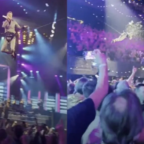 Mart Hoogkamer bekogeld met liters bier terwijl hij door Ziggo Dome vliegt en kan geen kant op