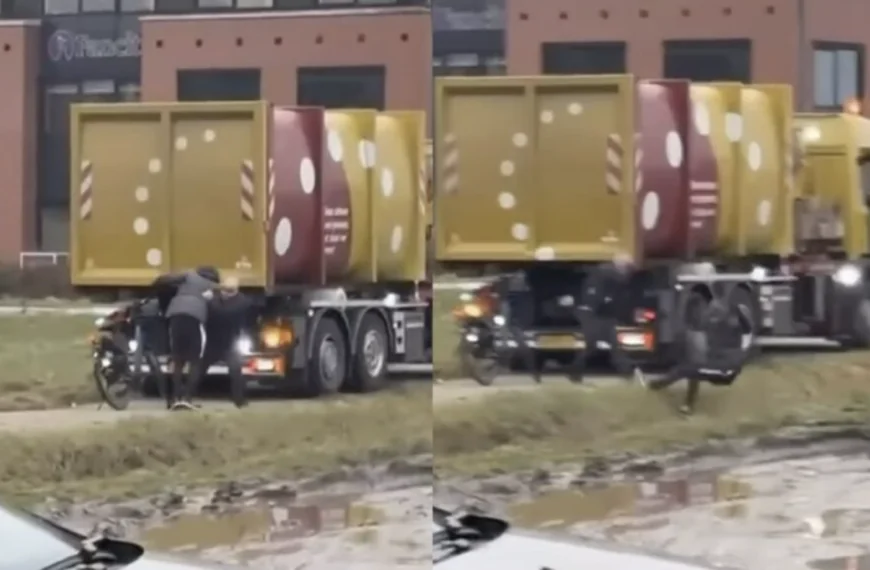 Vrachtwagenchauffeur gooit vervelende fietser de sloot in